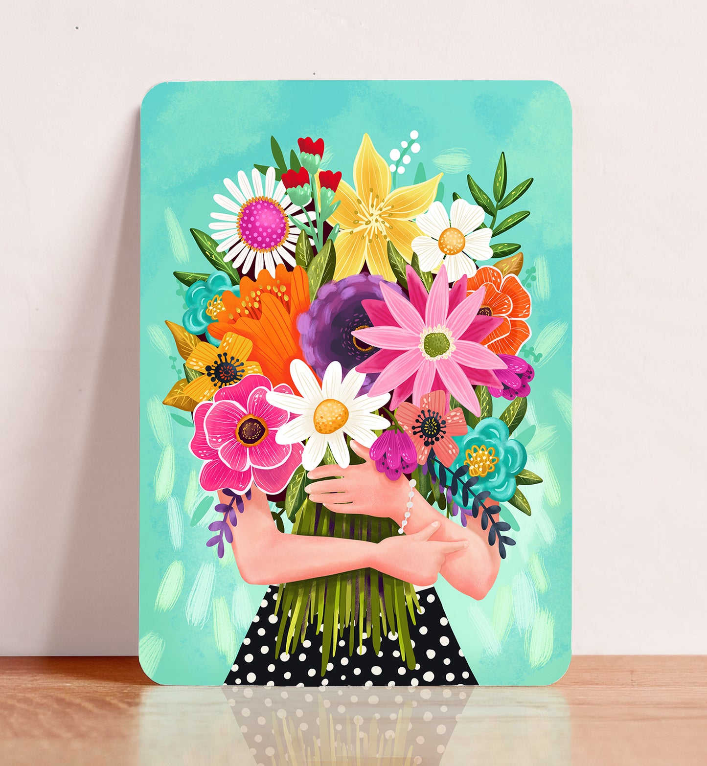 Kaart verjaardag vrouw met een boeket kleurrijke bloemen moeder ansichtkaart