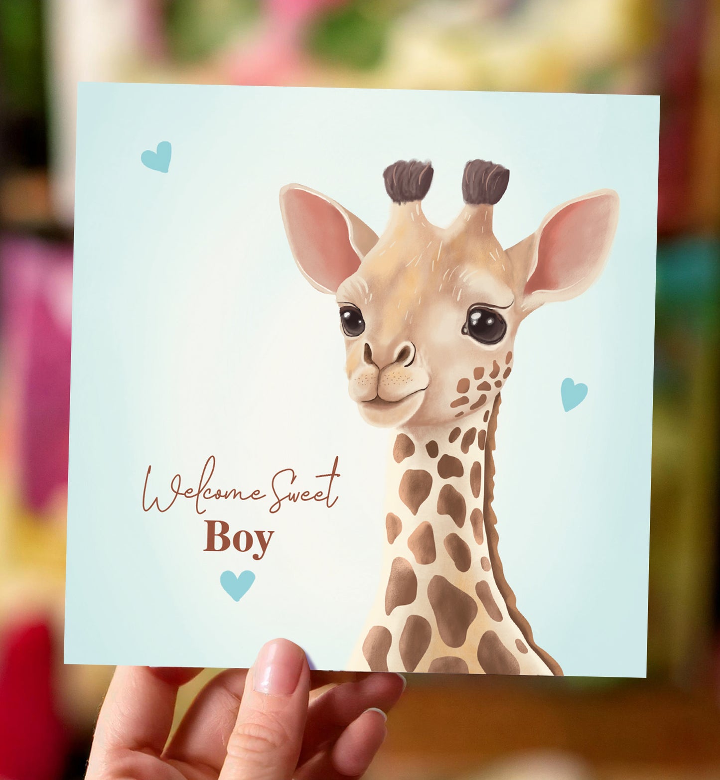 Kaart felicitatie geboorte jongen giraf met hartjes baby