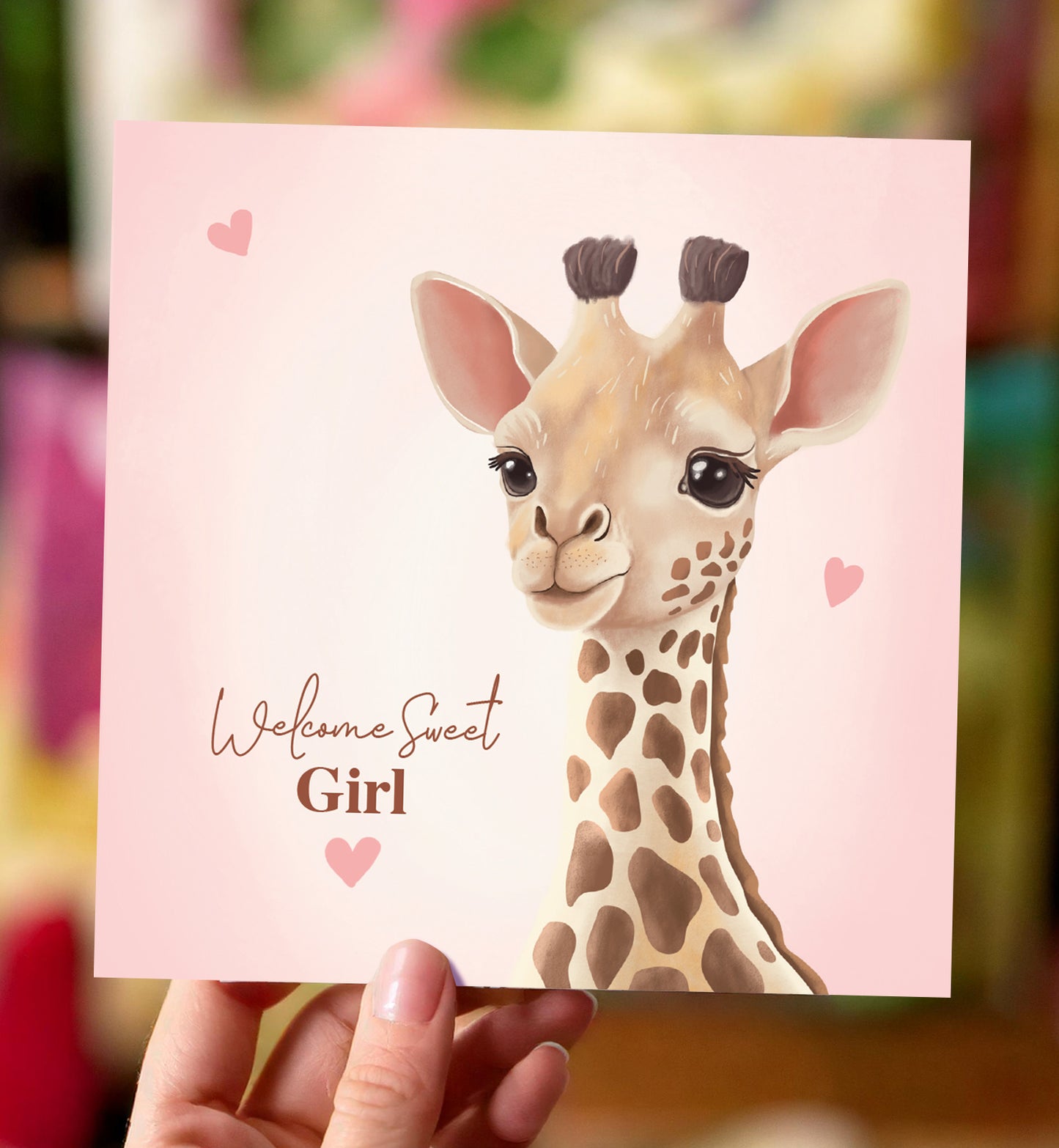 Kaart felicitatie geboorte meisje giraf met hartjes baby