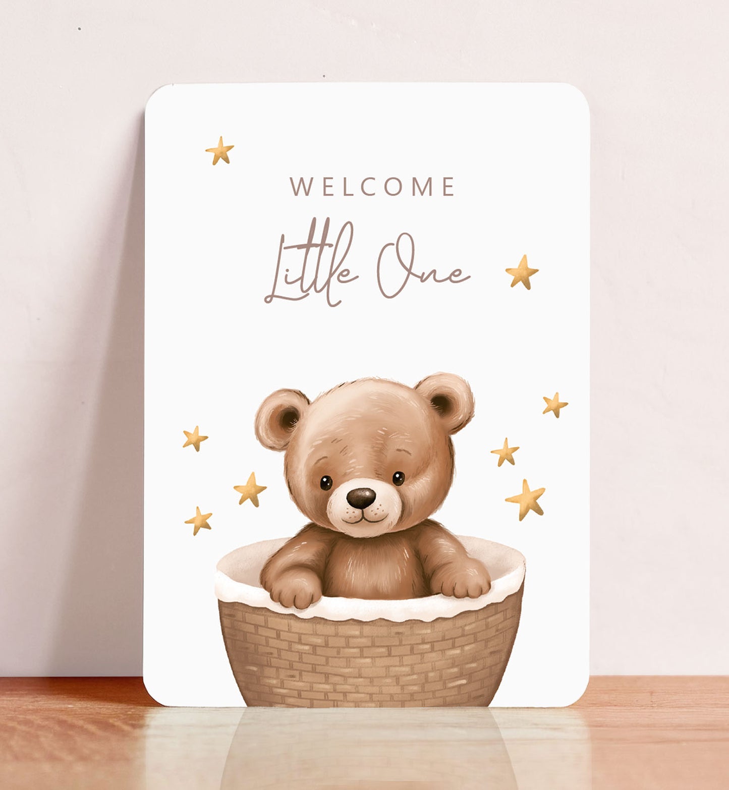 Kaart felicitatie geboorte beer in mand met sterren neutraal schattig baby ansichtkaart