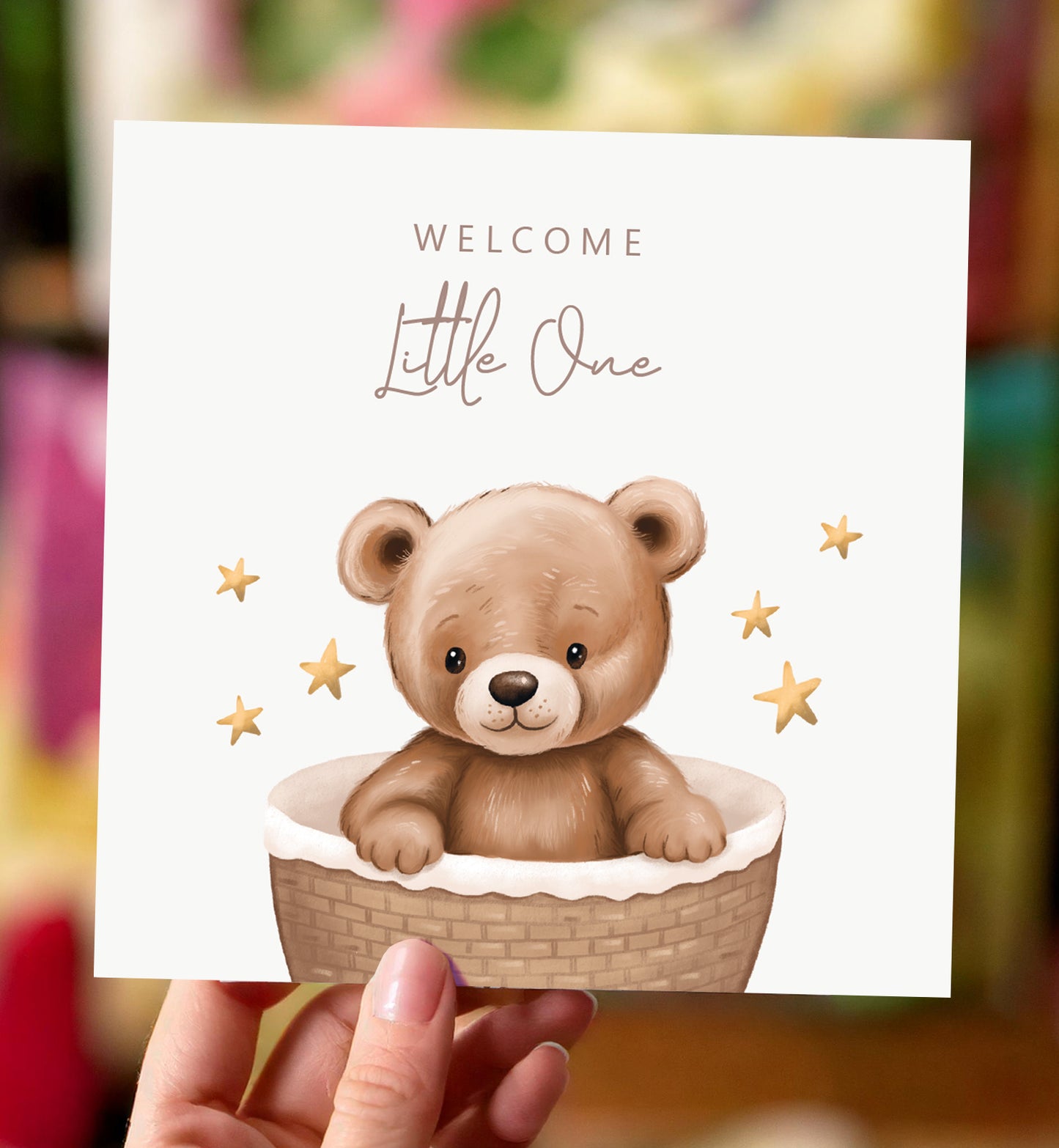Kaart felicitatie geboorte beer in mand met sterren neutraal baby