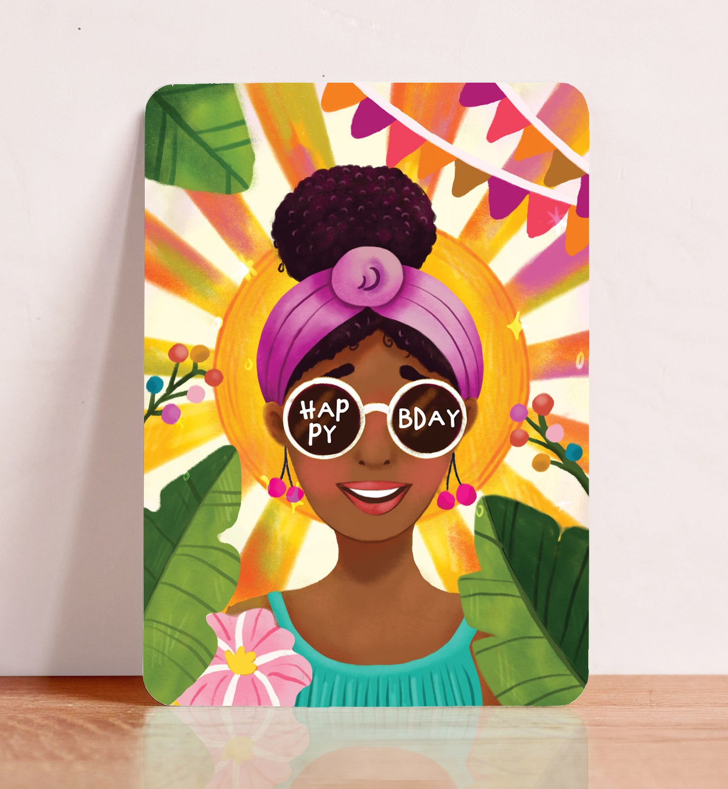 Kaart verjaardag donkere vrouw met zon happy birthday zomer ansichtkaart