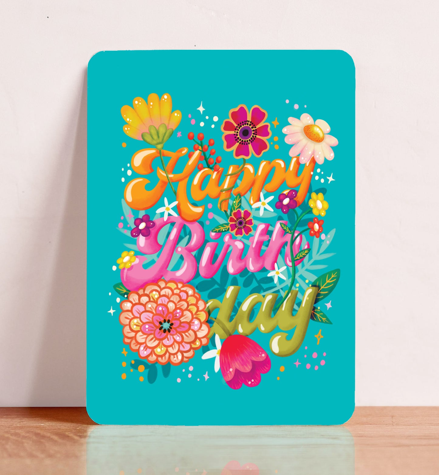 Kaart verjaardag tekst happy birthday met bloemen vrolijk ansichtkaart