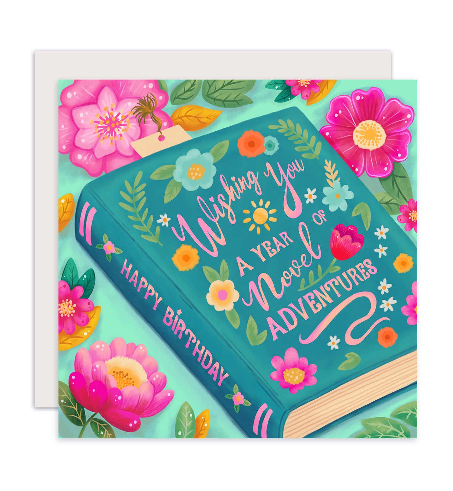 Kaart felicitatie verjaardag boek blauw met bloemen vrolijk