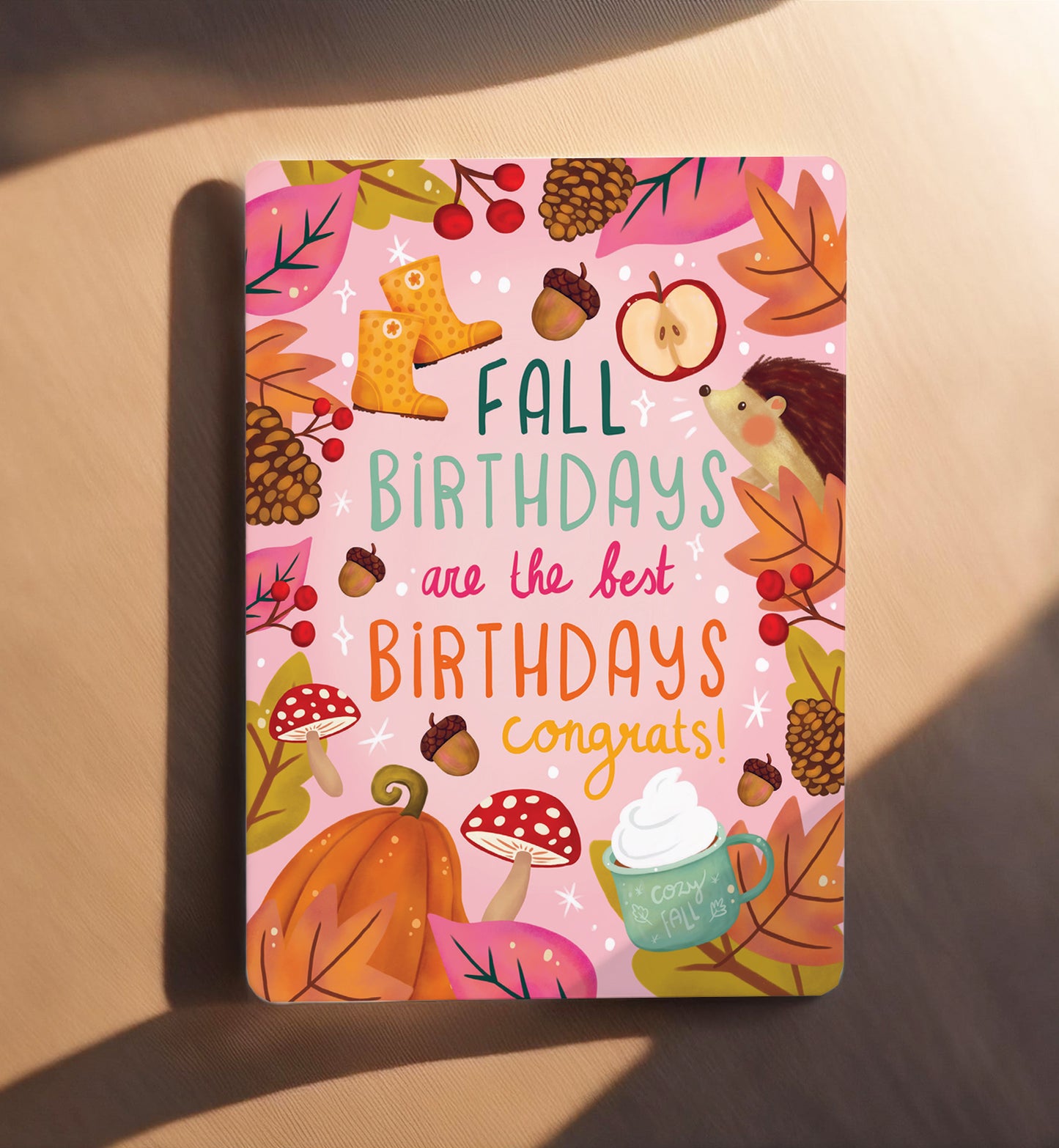 Kaart felicitatie verjaardag herfst blaadjes egel paddestoel ansichtkaart