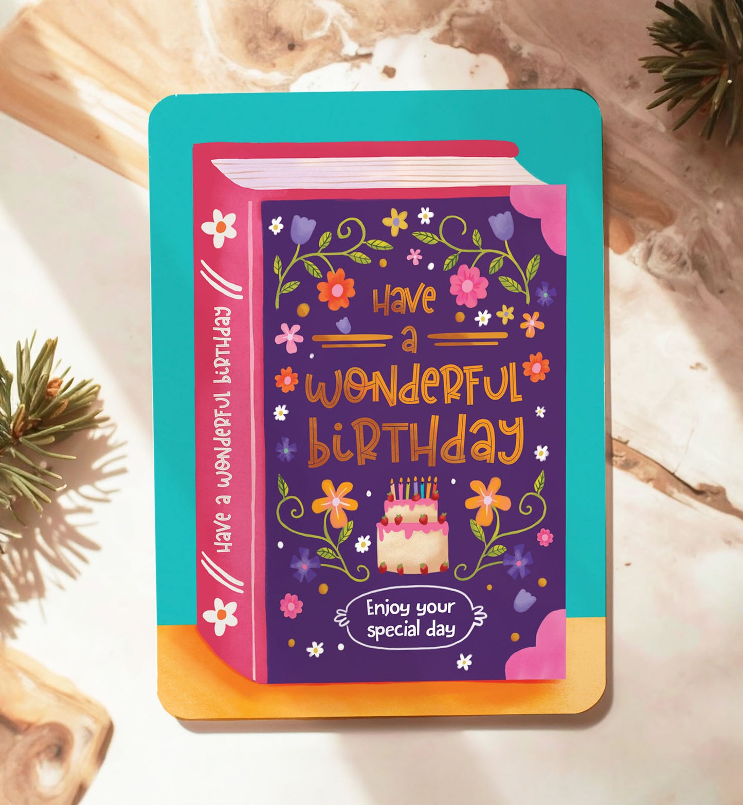 Kaart verjaardag felicitatie wonderful birthday boek bloemen ansichtkaart