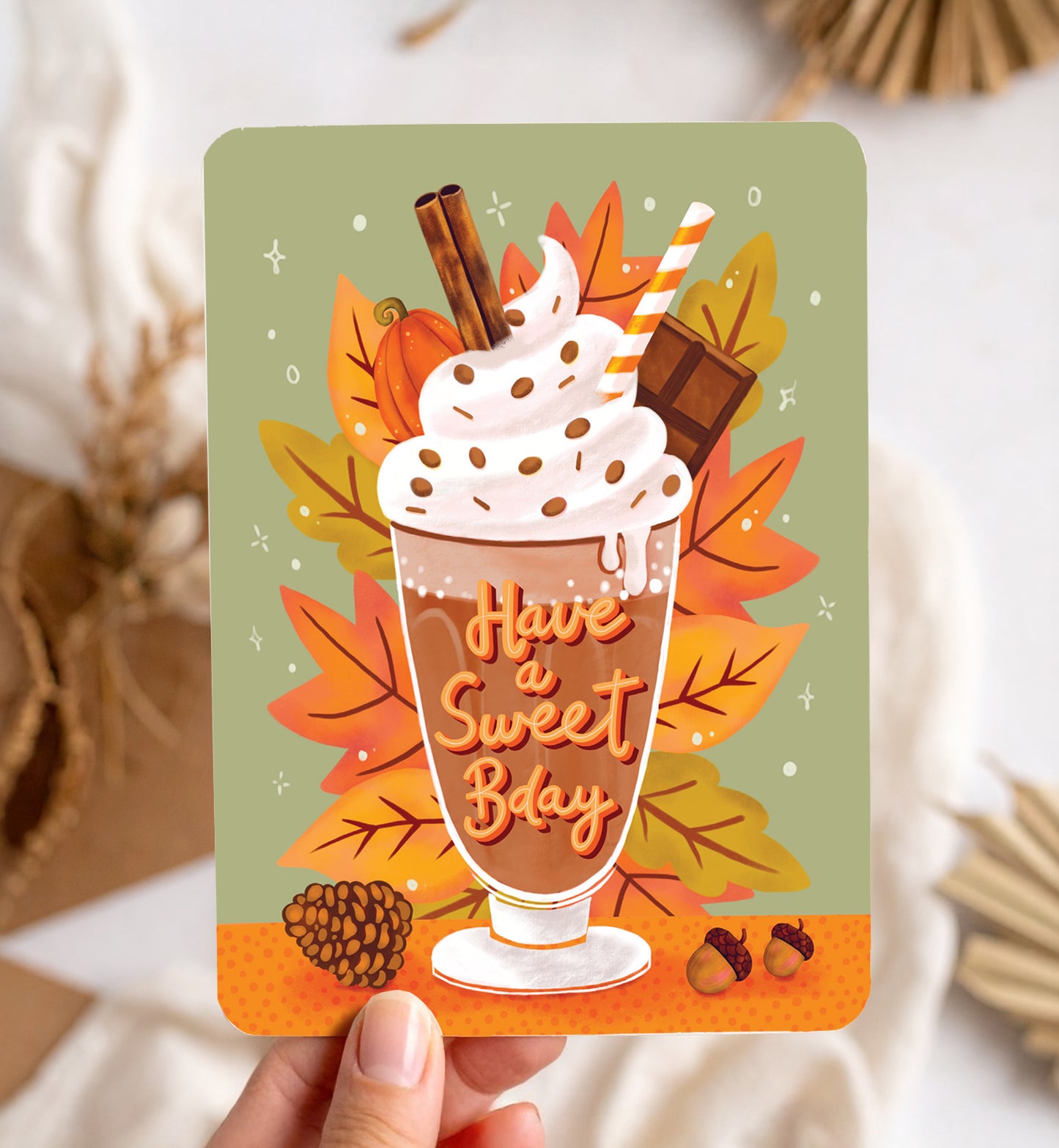 Kaart felicitatie verjaardag chocolademelk herfst bladeren sweet ansichtkaart