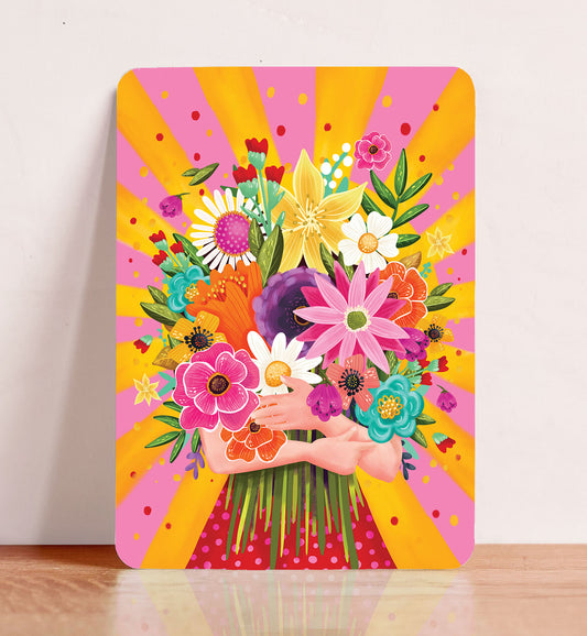 Kaart verjaardag felicitatie vrouw met een boeket bloemen roze met zon moeder ansichtkaart