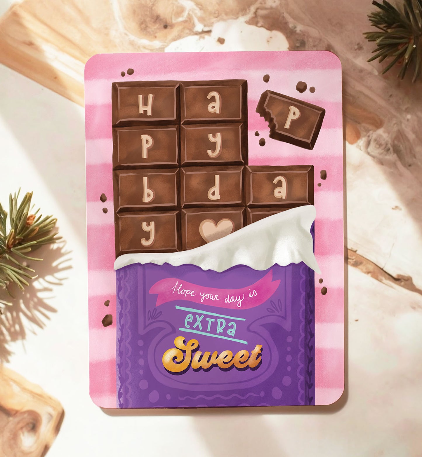 Kaart verjaardag felicitatie chocolade reep snoep sweet birthday ansichtkaart
