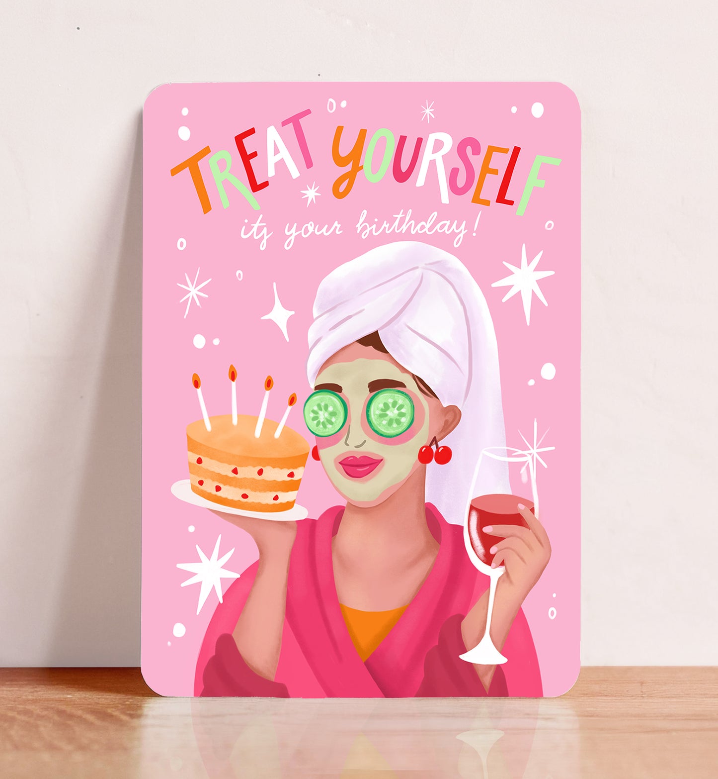 Kaart verjaardag vrouw taart wijn verwen jezelf relax ansichtkaart
