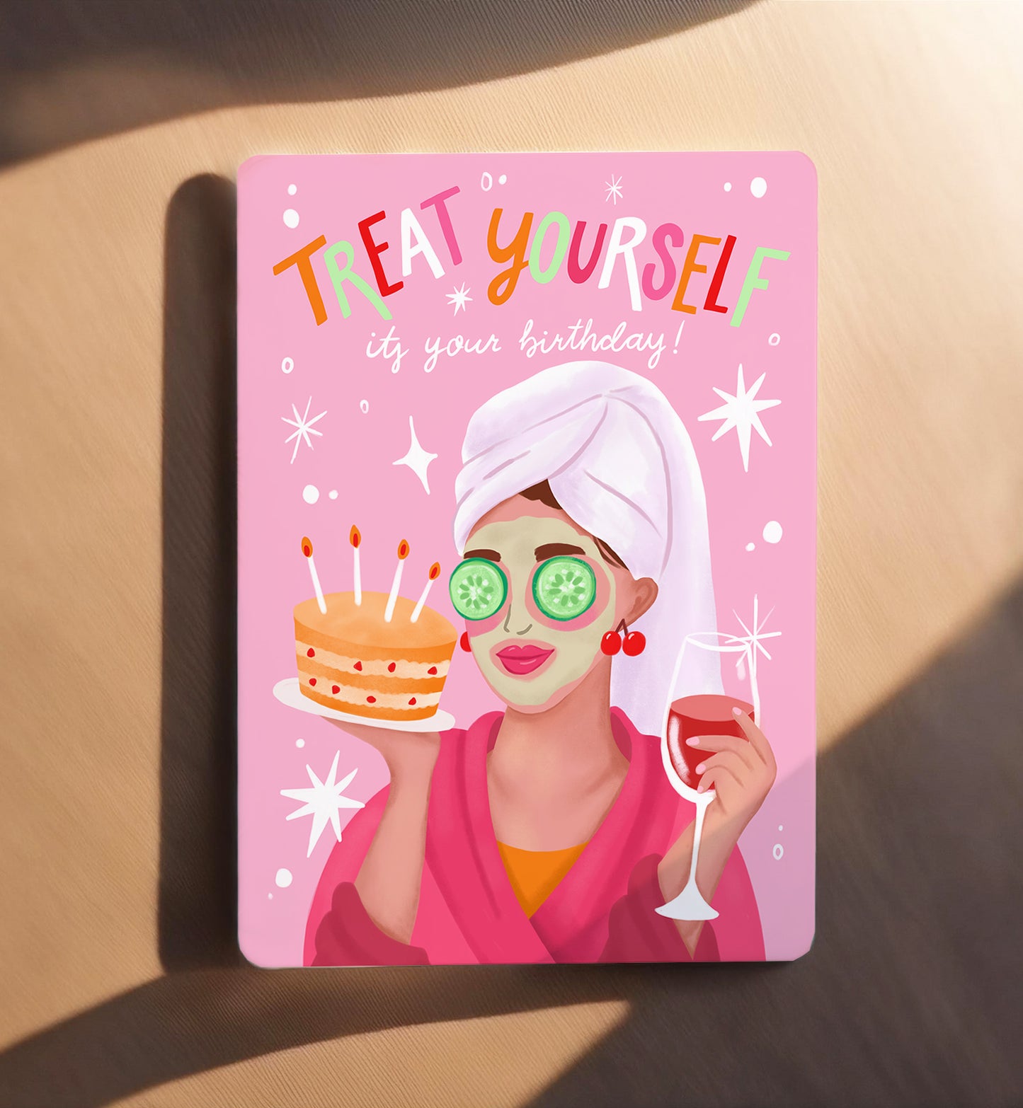 Kaart verjaardag vrouw taart wijn verwen jezelf relax ansichtkaart