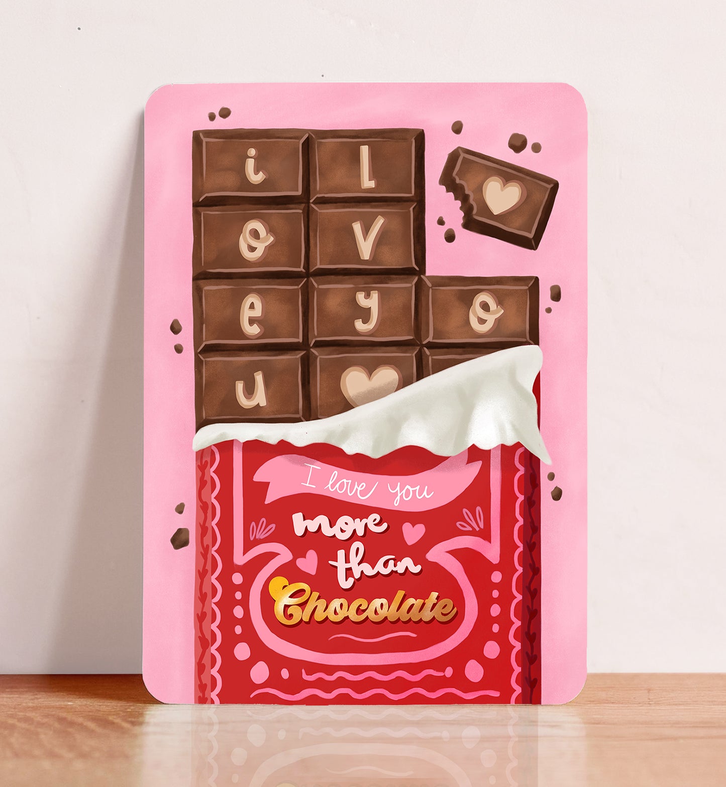 Kaart valentijn I love you more than chocolate reep rood liefde ansichtkaart