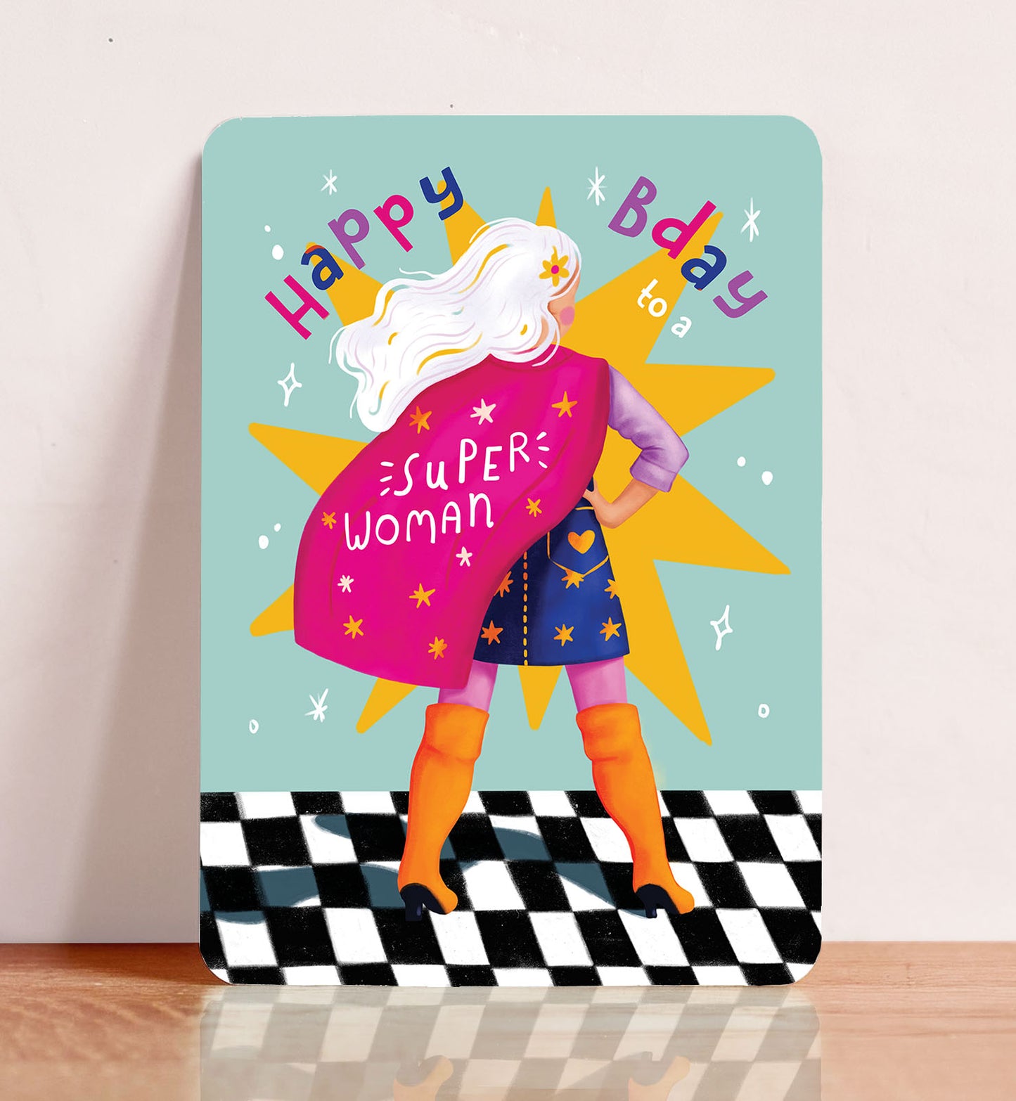 Kaart verjaardag felicitatie super woman vrouw meisje held ansichtkaart