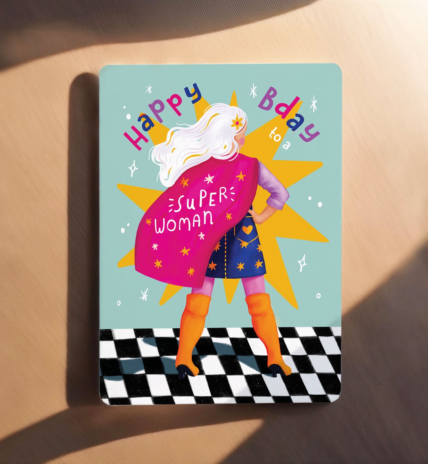 Kaart verjaardag felicitatie super woman vrouw meisje held ansichtkaart