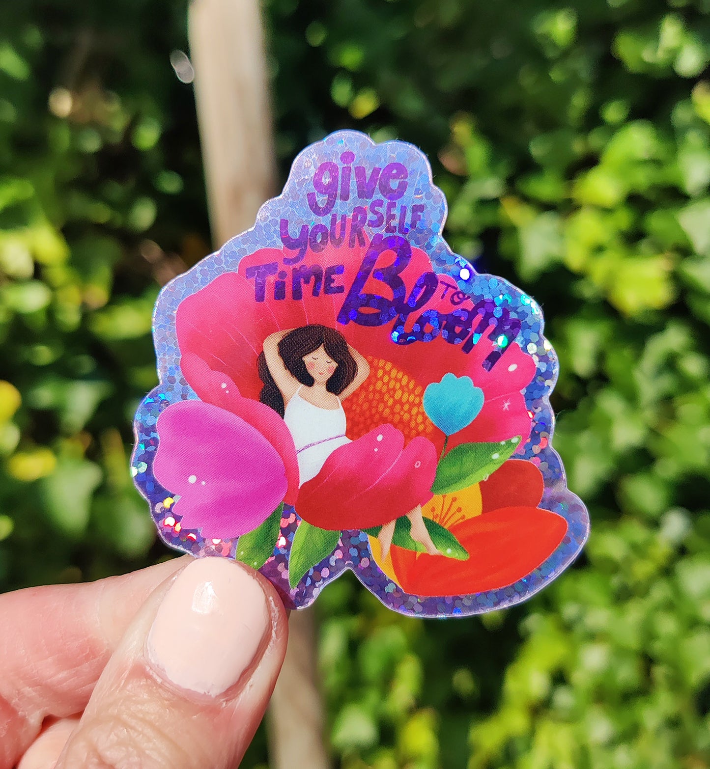 Sticker vrouw bloem natuur bloom met glitter vinyl