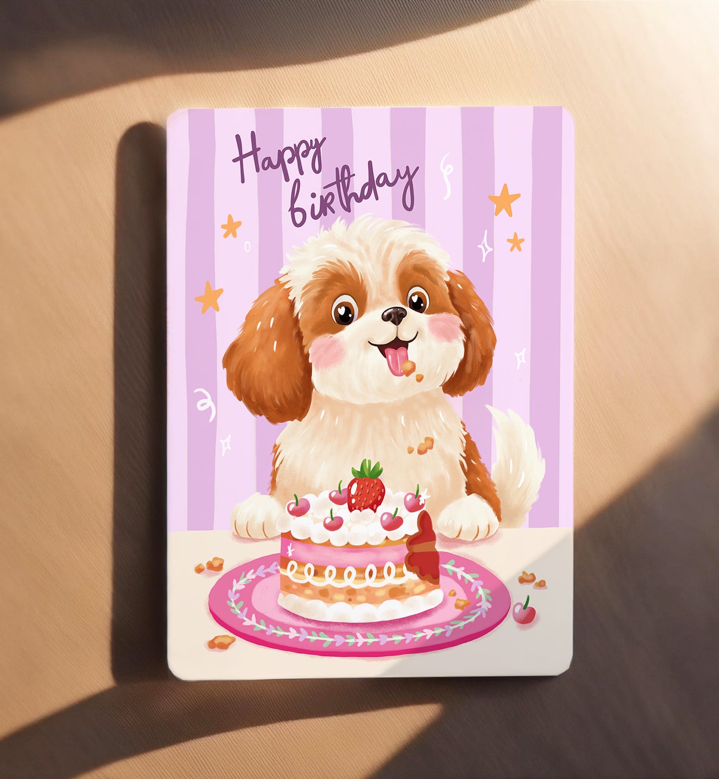 Kaart felicitatie verjaardag hond met taart vrouw meisje ansichtkaart