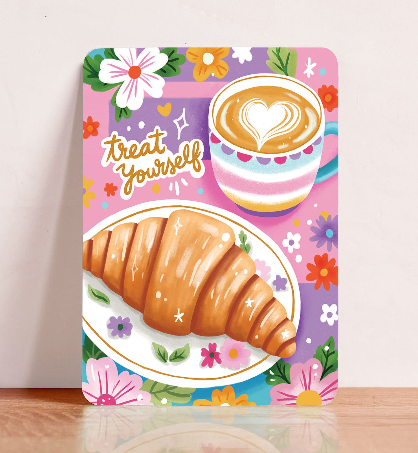 Kaart felicitatie verjaardag croissant koffie cappuccino zomaar ansichtkaart
