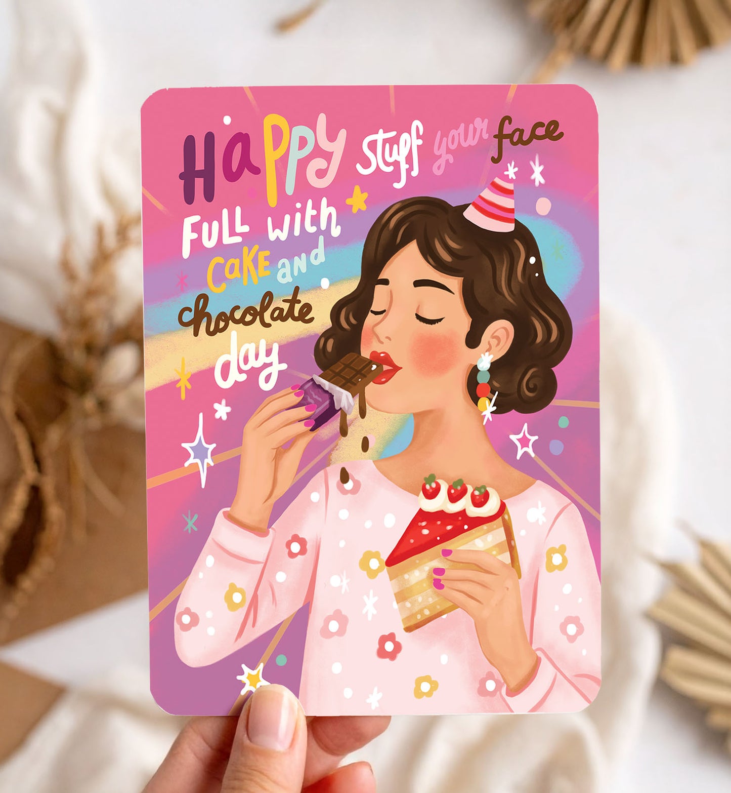 Kaart felicitatie verjaardag cake en chocolade dag grappig ansichtkaart