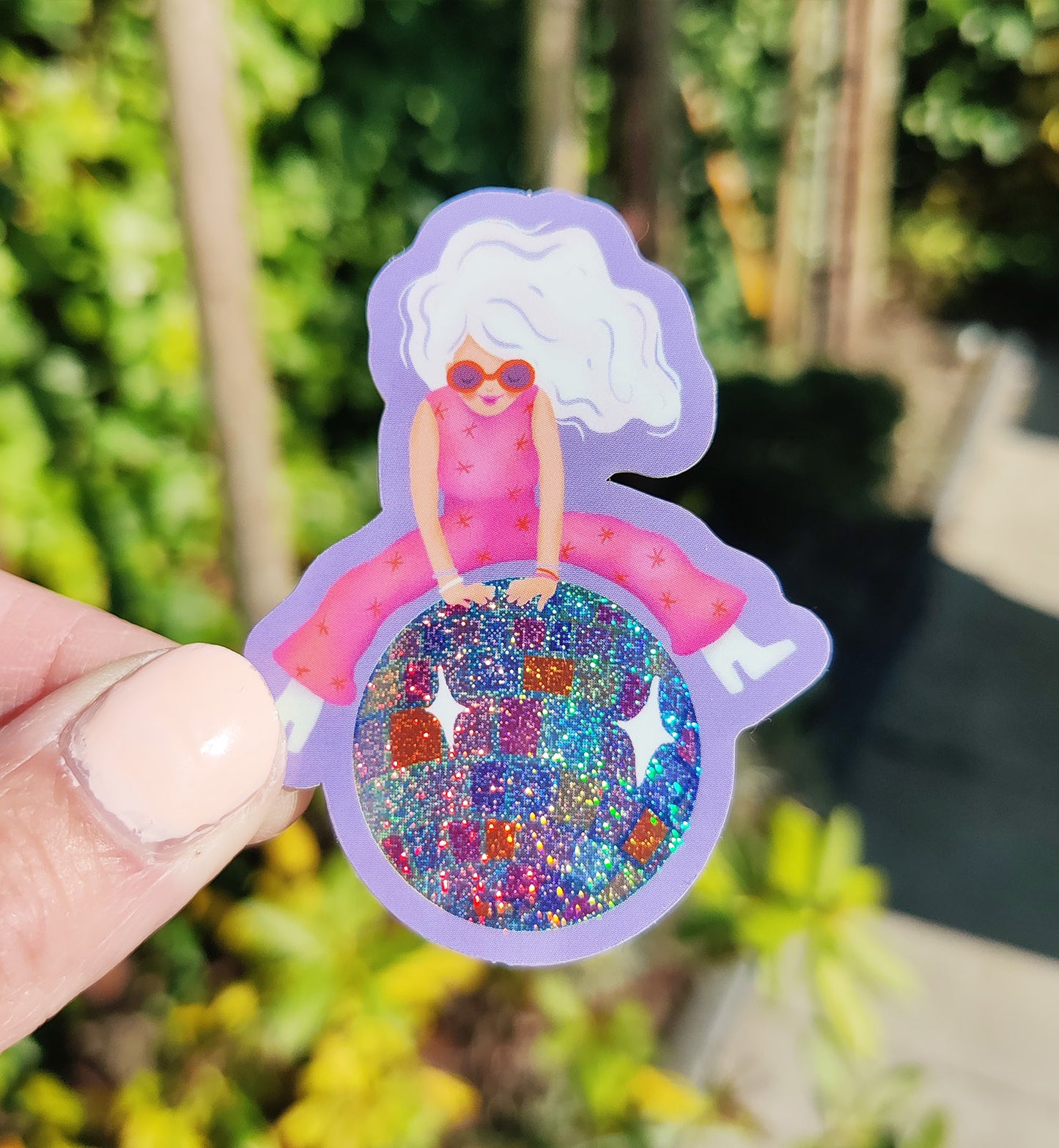 Sticker vrouw discobal grappig glitter vinyl