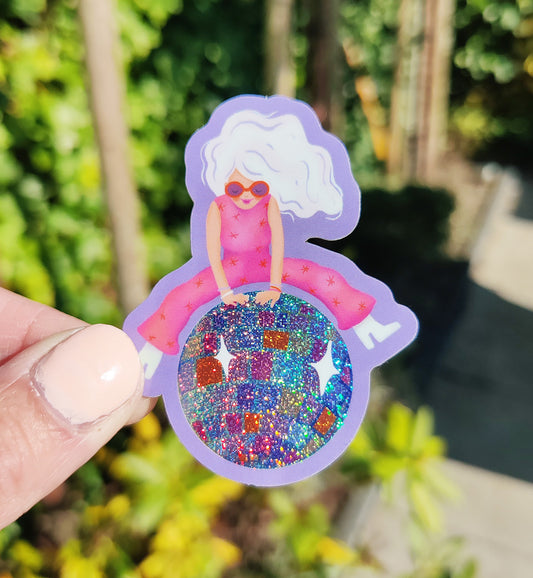 Sticker vrouw discobal grappig glitter vinyl