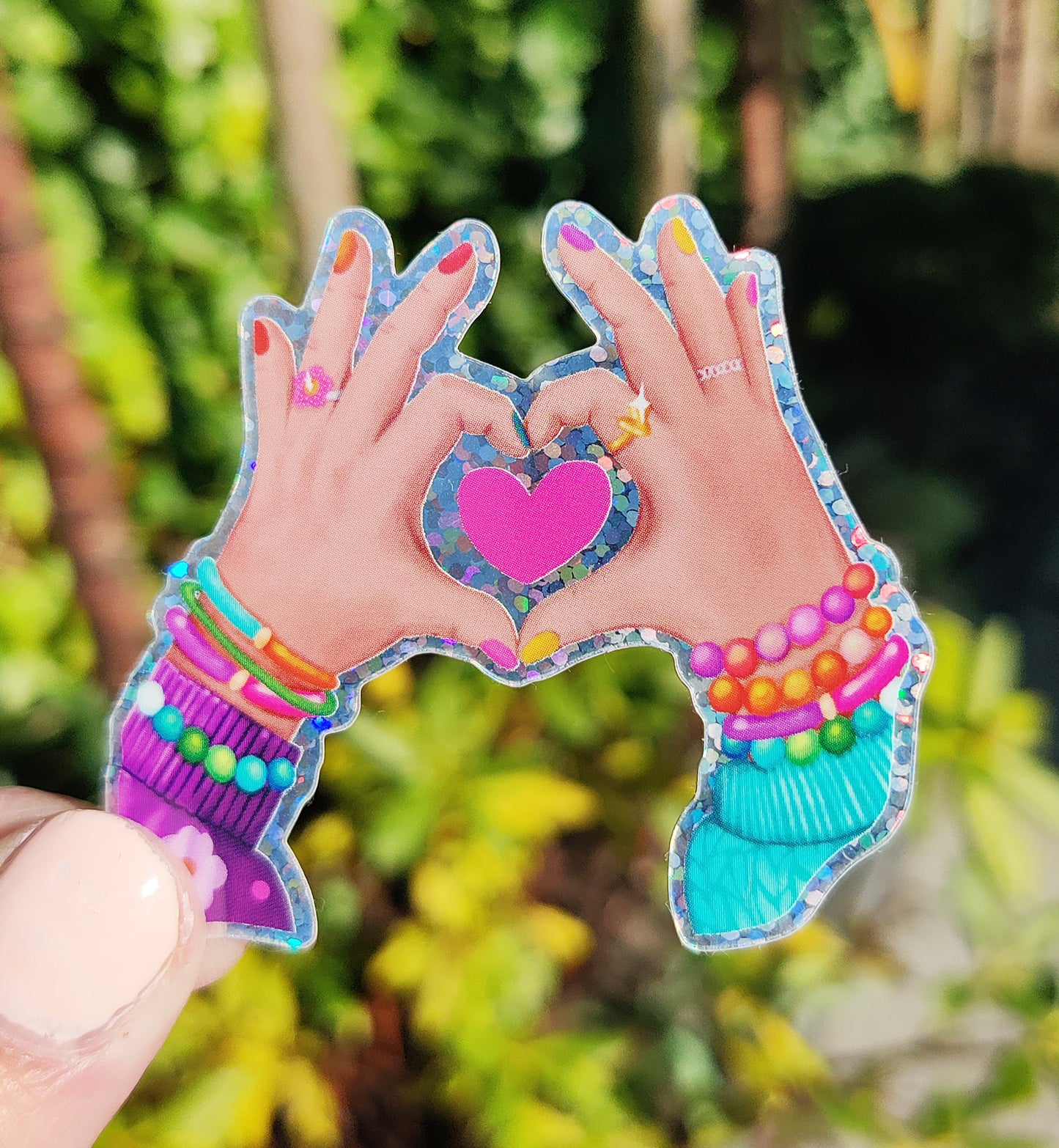 Sticker handen maken hart liefde vriendschap glitter vinyl