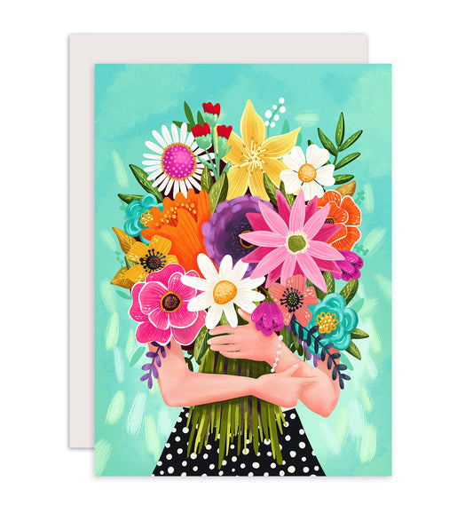 Kaart verjaardag vrouw met een boeket kleurrijke bloemen