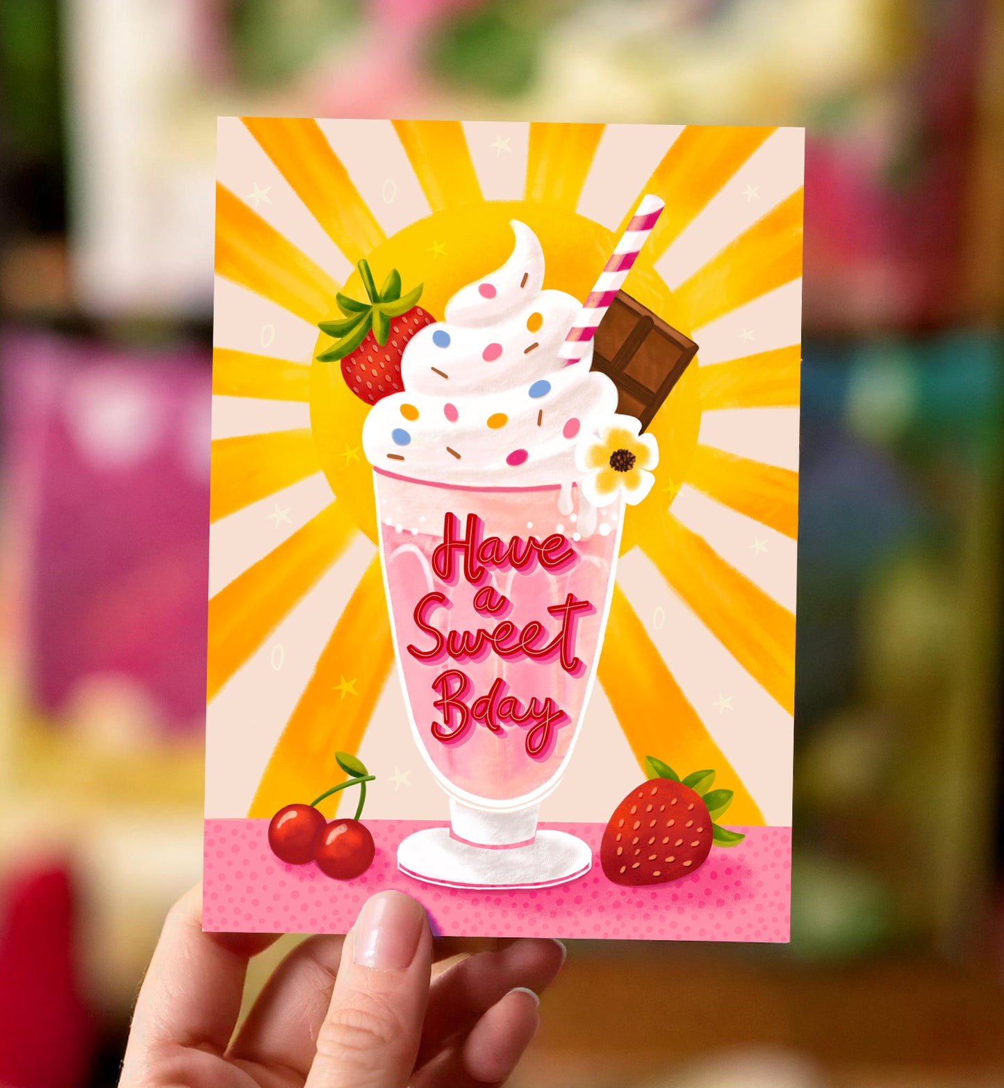 Kaart verjaardag milkshake roze met zon sweet birthday