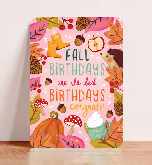 Kaart felicitatie verjaardag herfst blaadjes egel paddestoel ansichtkaart