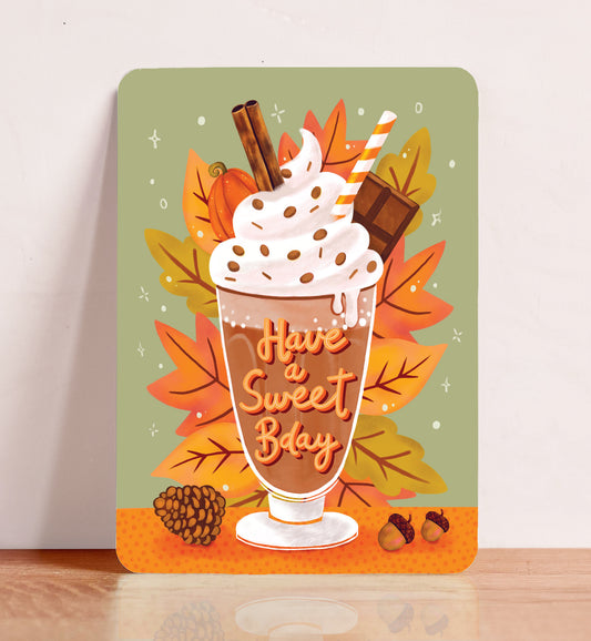 Kaart felicitatie verjaardag chocolademelk herfst bladeren sweet ansichtkaart