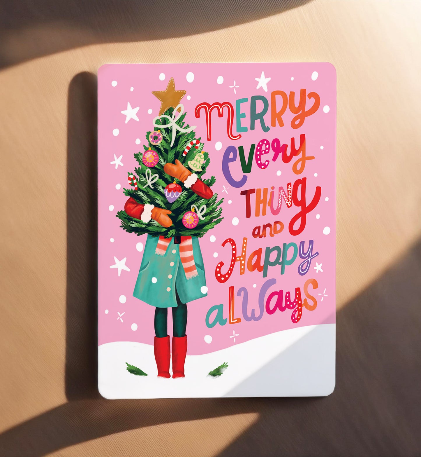 Kaart kerst vrouw met kerstboom merry everything happy always ansichtkaart