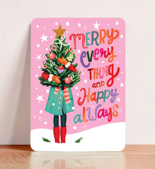 Kaart kerst vrouw met kerstboom merry everything happy always ansichtkaart