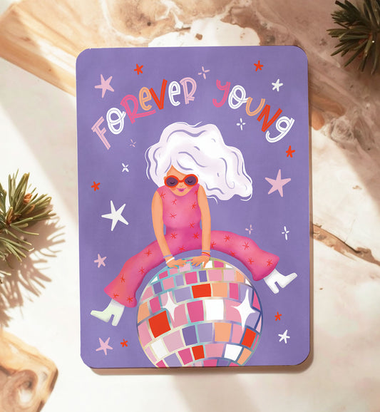 Kaart verjaardag felicitatie vrouw disco forever young grappig paars ansichtkaart