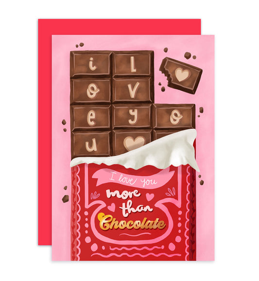 Kaart valentijn I love you more than chocolate reep rood liefde