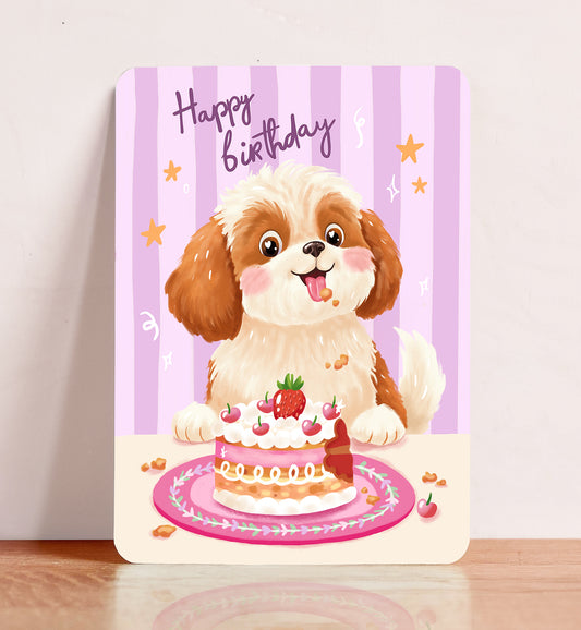 Kaart felicitatie verjaardag hond met taart vrouw meisje ansichtkaart