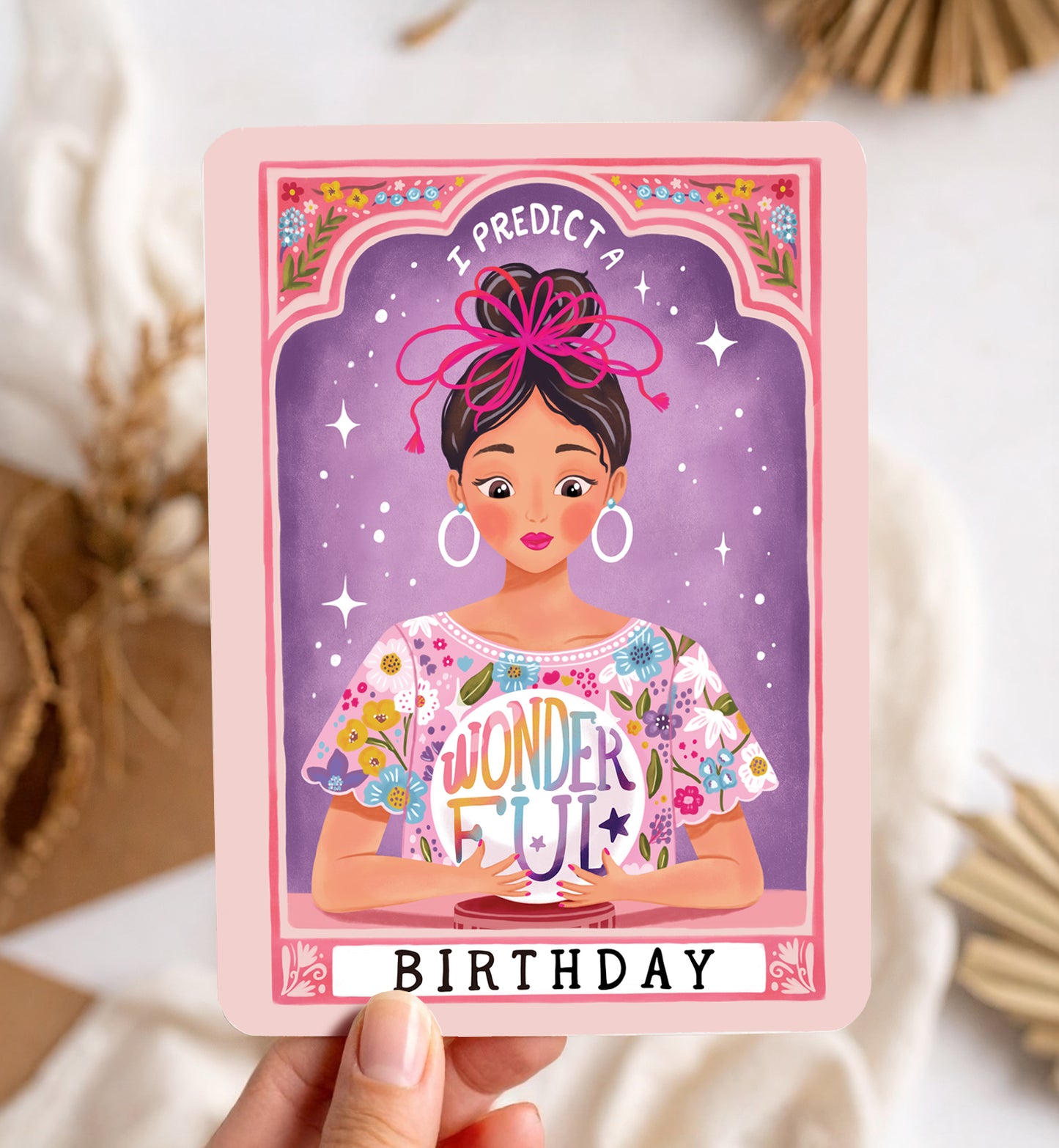Kaart felicitatie verjaardag vrouw meisje waarzegster tarot kaart ansichtkaart