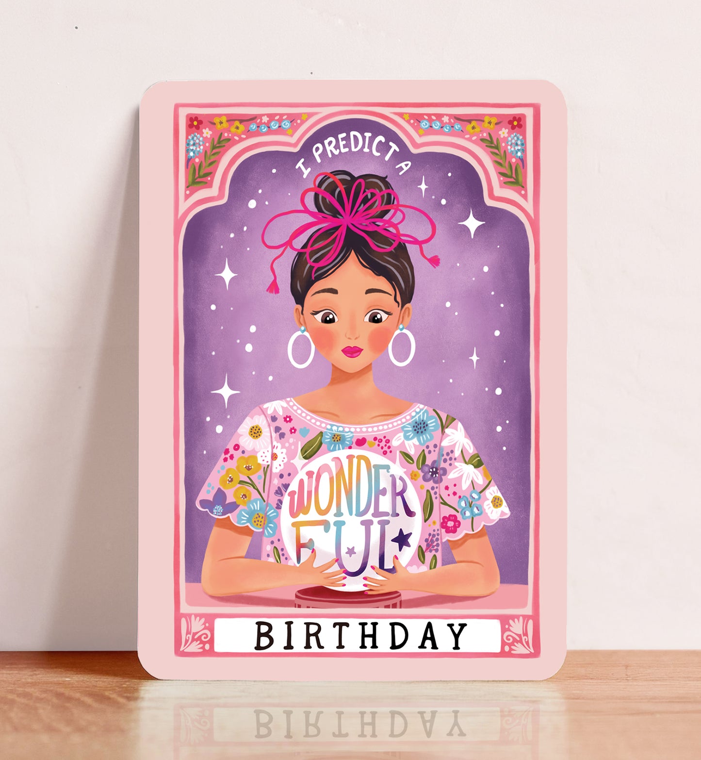 Kaart felicitatie verjaardag vrouw meisje waarzegster tarot kaart ansichtkaart