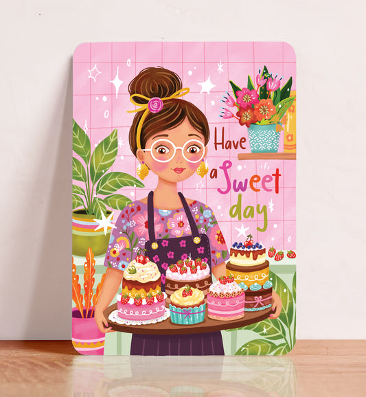 Kaart felicitatie verjaardag vrouw meisje taart gebak zomaar ansichtkaart