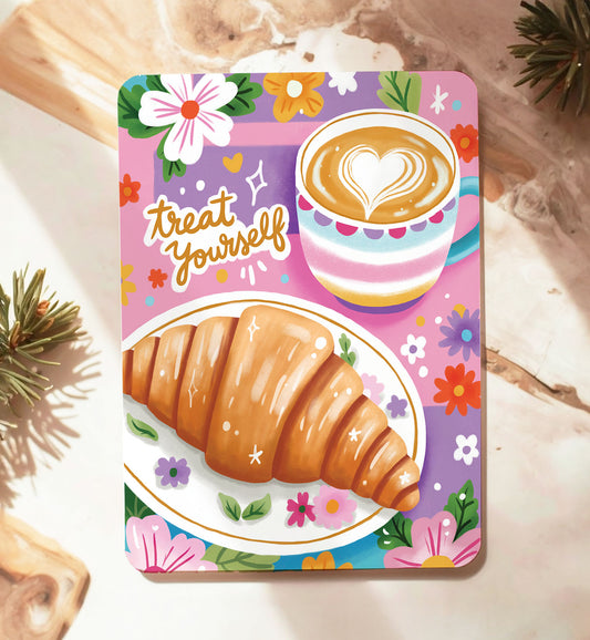 Kaart felicitatie verjaardag croissant koffie cappuccino zomaar ansichtkaart