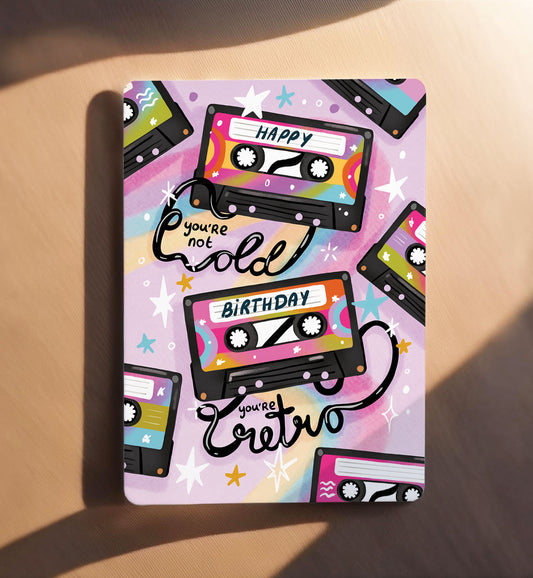 Kaart felicitatie verjaardag retro cassette old retro grappig ansichtkaart