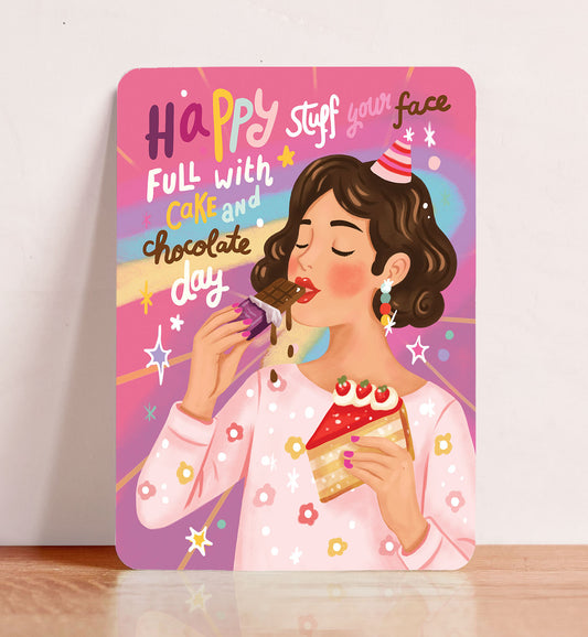Kaart felicitatie verjaardag cake en chocolade dag grappig ansichtkaart