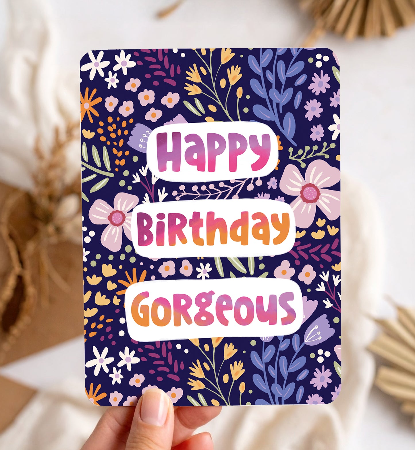 Kaart bloemen paars patroon felicitatie verjaardag vrouw meisje ansichtkaart