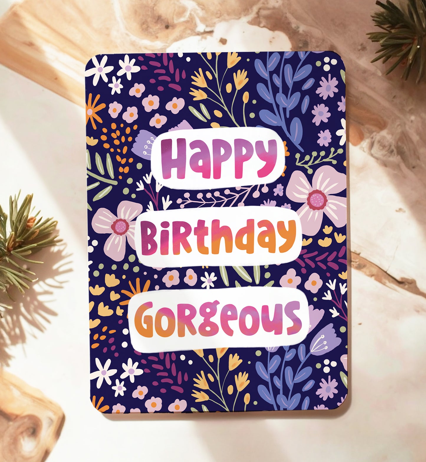 Kaart bloemen paars patroon felicitatie verjaardag vrouw meisje ansichtkaart