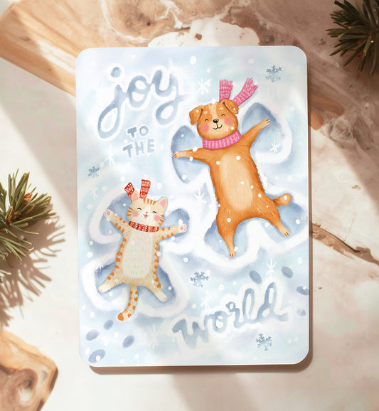 Kaart winter kerst feestdagen sneeuw grappig hond kat ansichtkaart