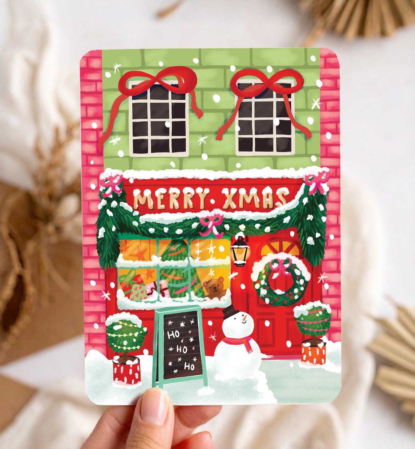 Kaart kerst vrolijke kerst winkel merry Christmas sneeuwpop ansichtkaart