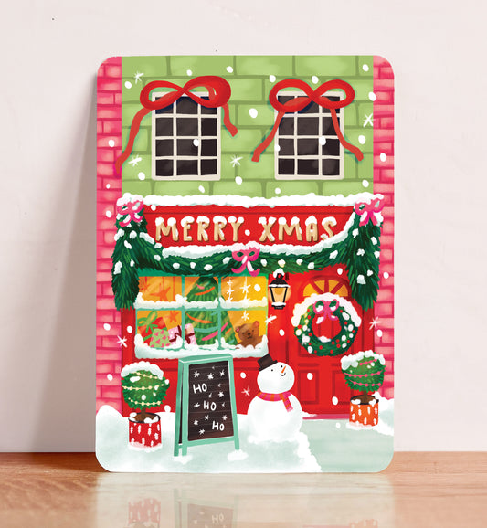 Kaart kerst vrolijke kerst winkel merry Christmas sneeuwpop ansichtkaart